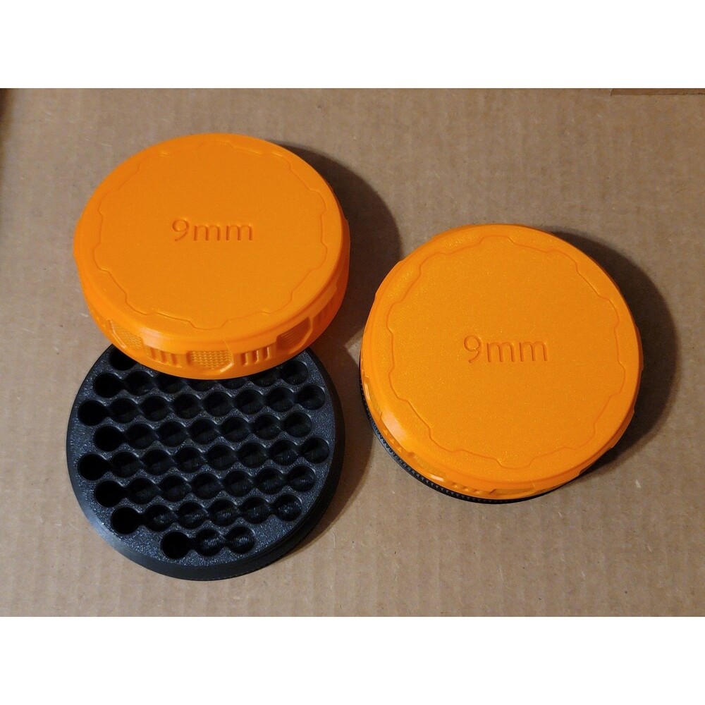 2x 3D Printed Round 9mm Ammo Box screw on 55 rd. Black Orange Stackable Storage